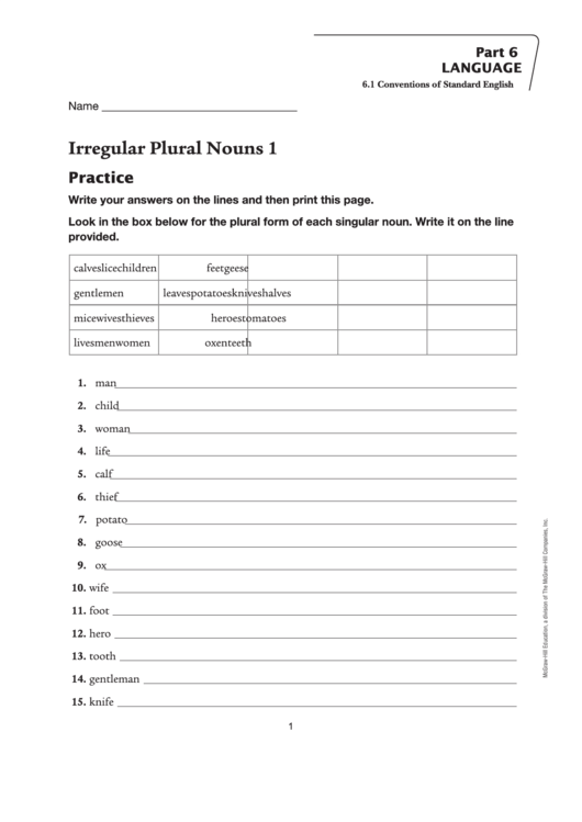 Fillable Irregular Plural Nouns Worksheet Printable pdf