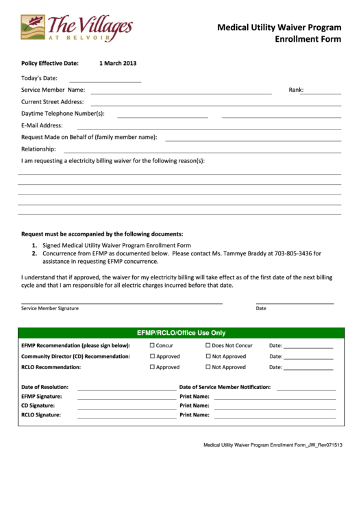 Medical Utility Waiver Program Enrollment Printable pdf