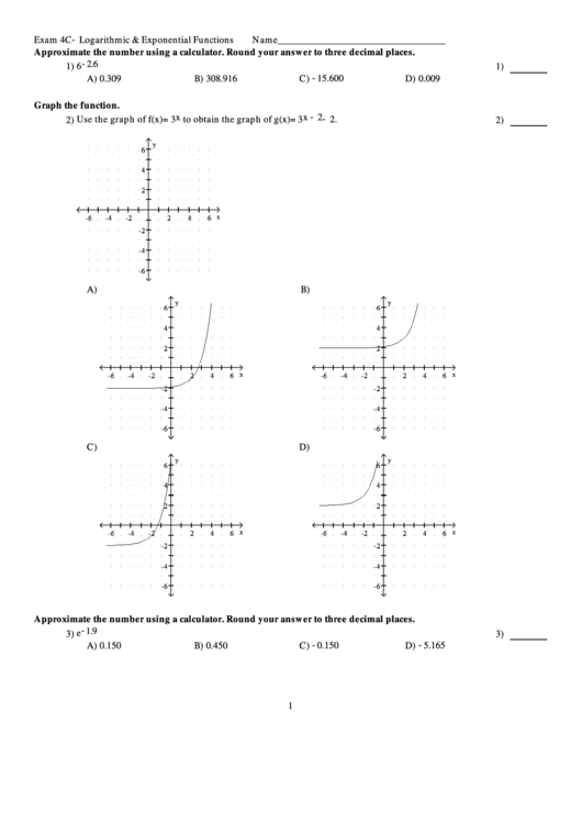 Exam 4c - Logarithmic & Exponential Functions Worksheet Printable pdf