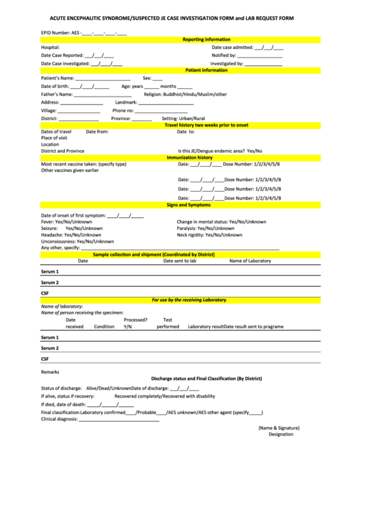 Acute Encephalitic Syndrome/suspected Je Case Investigation Form And Lab Request Form Printable pdf