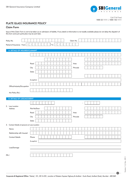 Plate Glass Claim Form - Sbi General Printable pdf