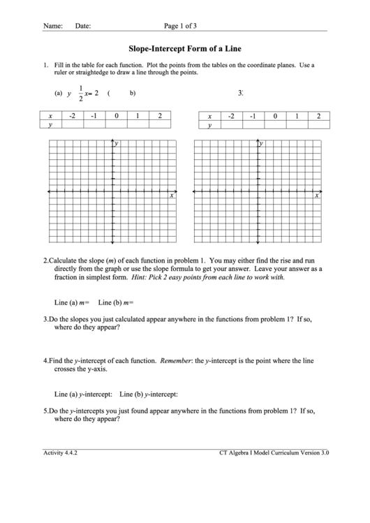 Slope-Intercept Form Of A Line Worksheet Printable pdf