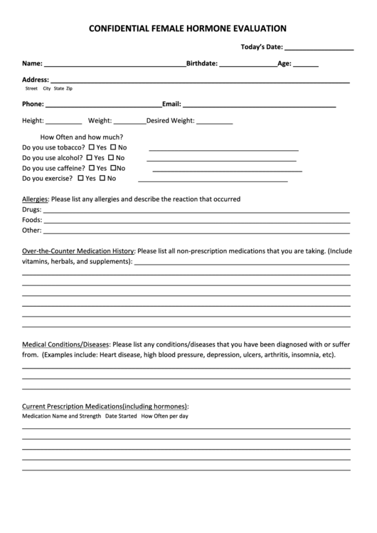 Female Hormone Evaluation Questionnaire Printable pdf