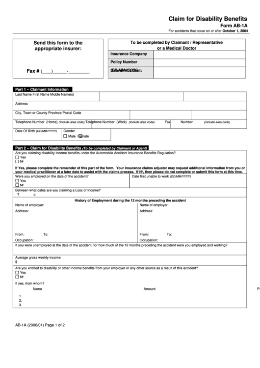 Fillable Form Ab-1a - Claim For Disability Benefits Printable pdf
