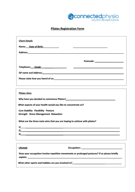 Pilates Class Registration Form Printable pdf