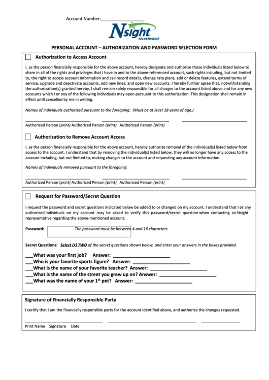 Personal Account - Authorization And Password Selection Form Printable pdf