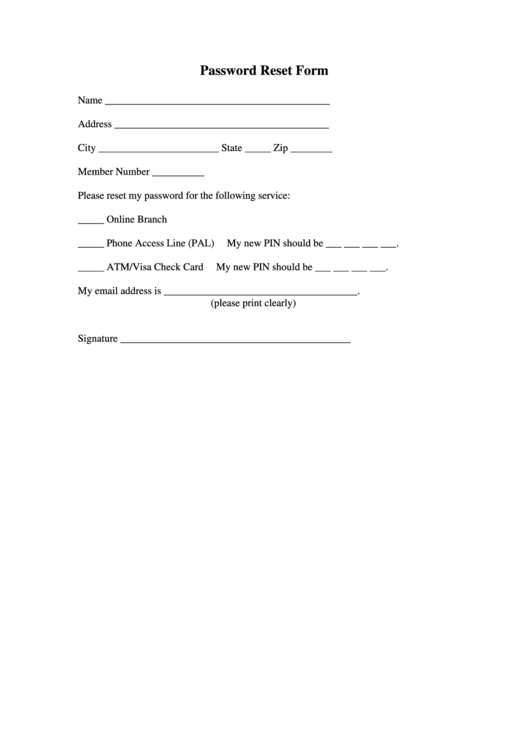 Password Reset Form Printable pdf