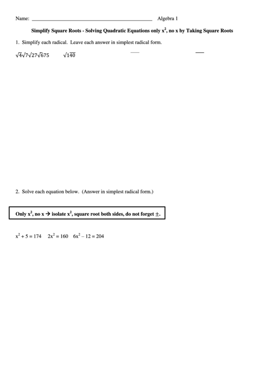 Square Roots Algebra Worksheet Printable pdf