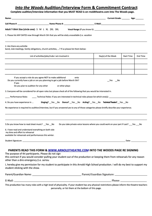 Auditon/interview Form Printable pdf
