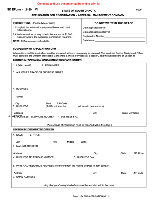 Fillable Sd Eform - 2160 V1 - Application For Registration - Appraisal Management Company Printable pdf