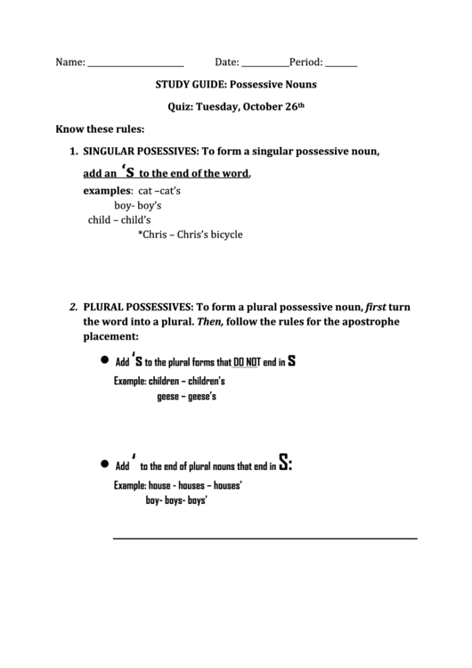 Possessive Nouns Worksheet Printable pdf