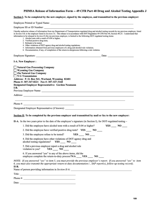 Phmsa Release Of Information Form - 49 Cfr Part 40 Drug And Alcohol Testing Appendix J Printable pdf