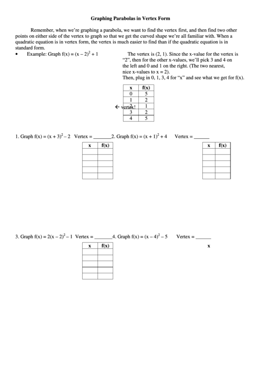 Graphing Parabolas In Vertex Form Printable pdf