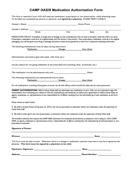 Camp Oasis Medication Authorization Form Printable pdf