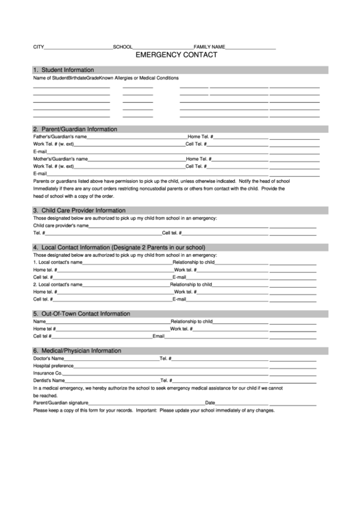 Emergency Contact Form Printable pdf