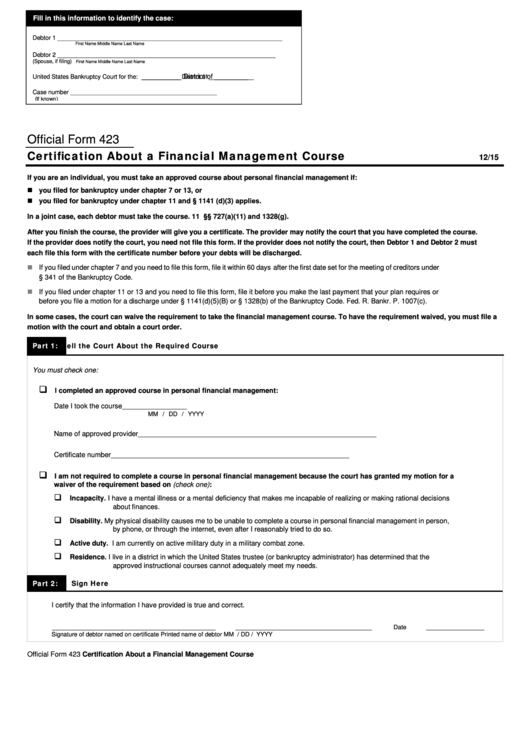 Fillable Form 423, Certificate About A Financial Management Course Printable pdf