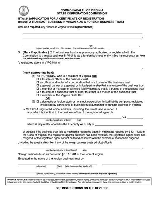 Form Bta-1242 - Application For A Certificate Of Registration To Transact Business In Virginia As A Foreign Business Trust Printable pdf