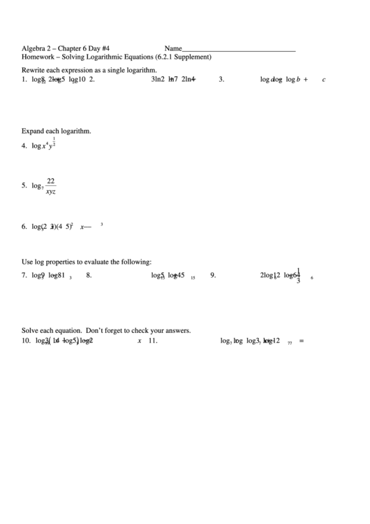 Solving Logarithmic Equations Printable pdf