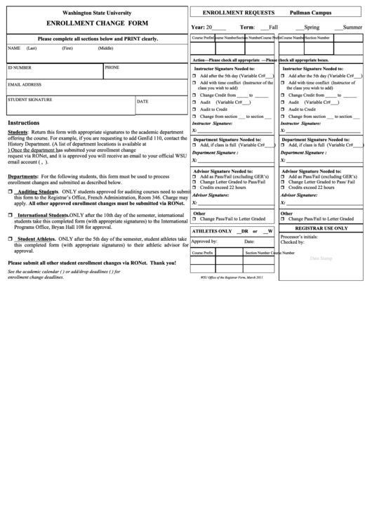 Enrollment Change Form Printable pdf