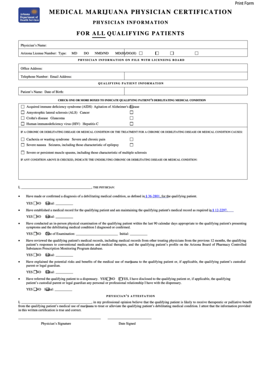 Fillable Medical Marijuana Physician Certification Form - Arizona Printable pdf