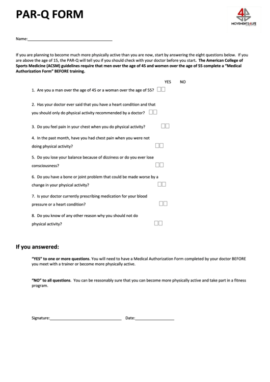 Par-Q Questionnaire Template Printable pdf
