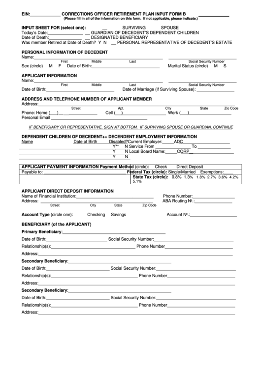 Input Form B - Corrections Officer Retirement Plan Printable pdf