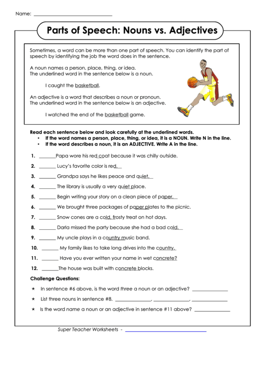 parts of speech nouns vs adjectives english grammar worksheet with