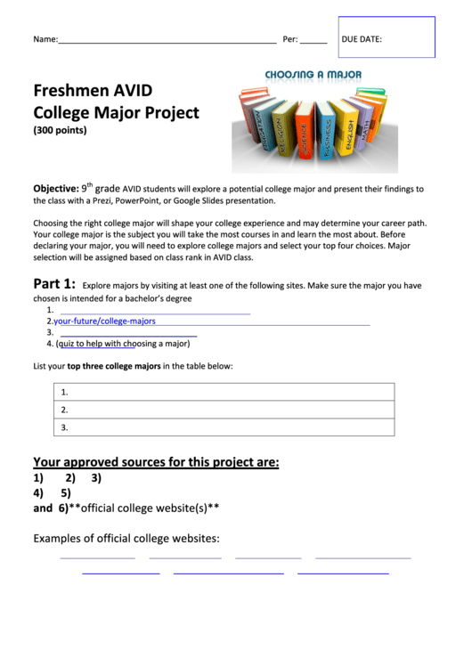 Freshmen Avid College Major Project Worksheet Printable pdf