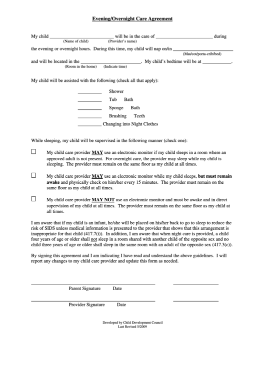 Evening/overnight Care Agreement Printable pdf