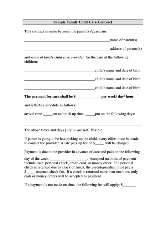 Sample Family Child Care Contract Printable pdf