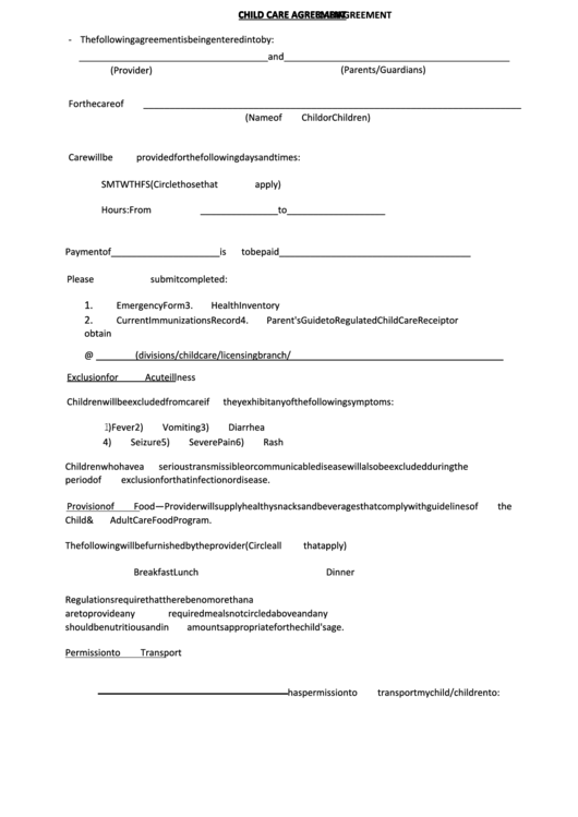 Child Care Agreement Printable pdf