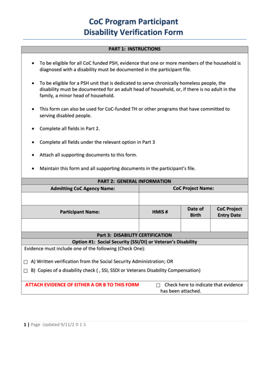 Coc Program Participant Disability Verification Form Printable pdf