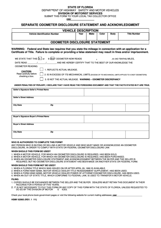 Fillable Form Hsmv 82993 Separate Odometer Disclosure Statement And Acknowledgment - State Of Florida Printable pdf