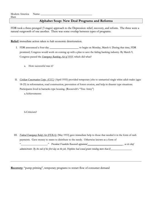 Alphabet Soup: New Deal Programs And Reforms - History Worksheet Printable pdf