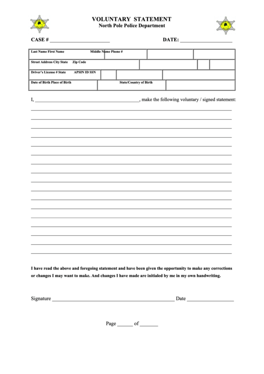 Voluntary Statement Form - North Pole Police Department Printable pdf