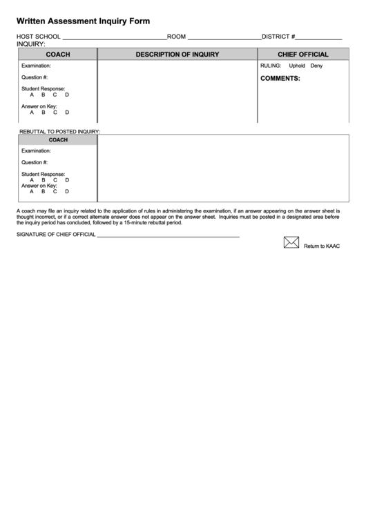 Written Assessment Inquiry Form Printable pdf