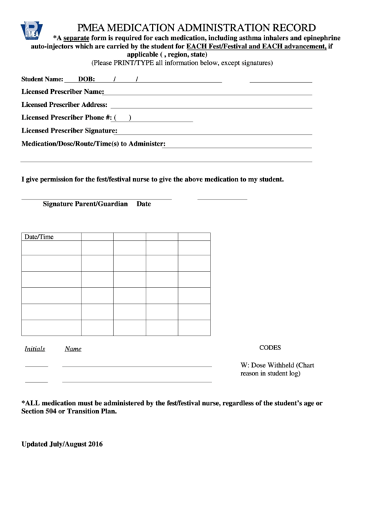 Fillable Pmea Medication Administration Record Form Printable pdf