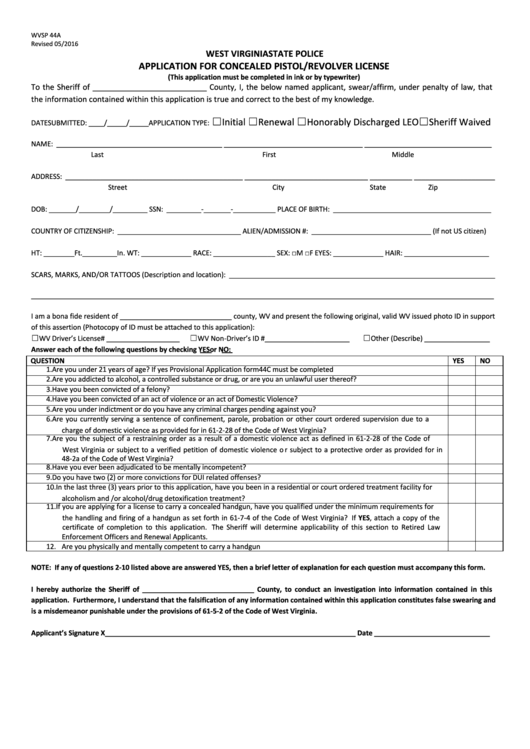 Fillable Application For Concealed Pistol/revolver License - West Virginia State Police Printable pdf