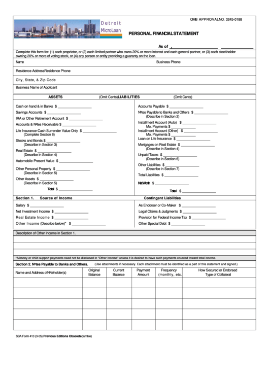 Sba Form 413 - Personal Financial Statement Printable pdf