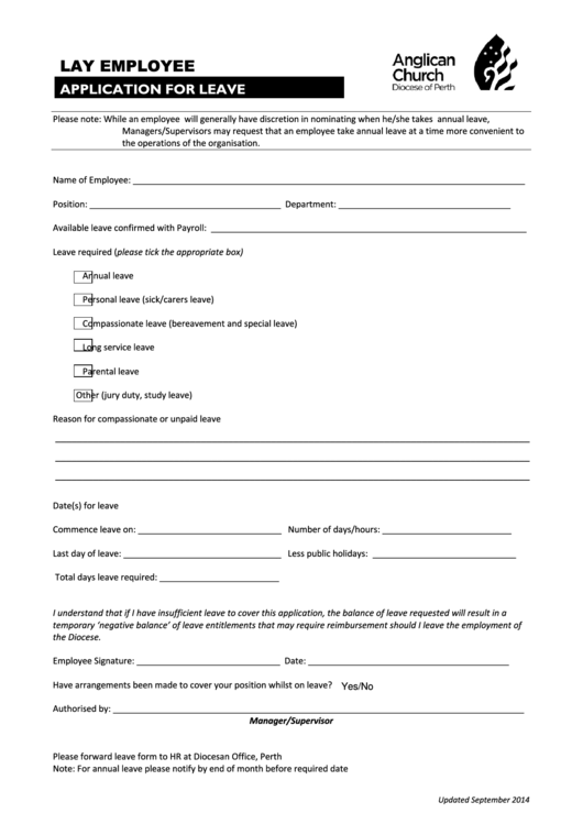Fillable Lay Employee Application For Leave Form Printable pdf
