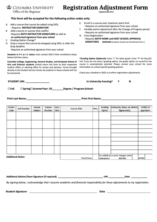 Registration Adjustment Form - Columbia University Printable pdf