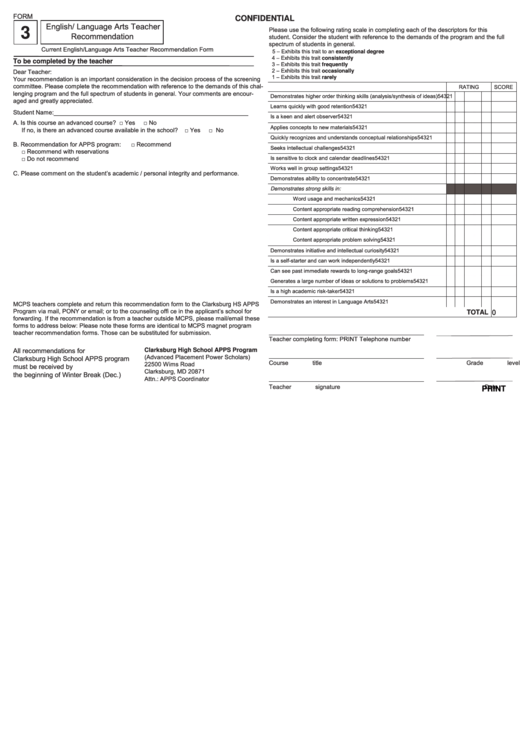 Fillable Form 3 - Current English/language Arts Teacher Recommendation Form Printable pdf