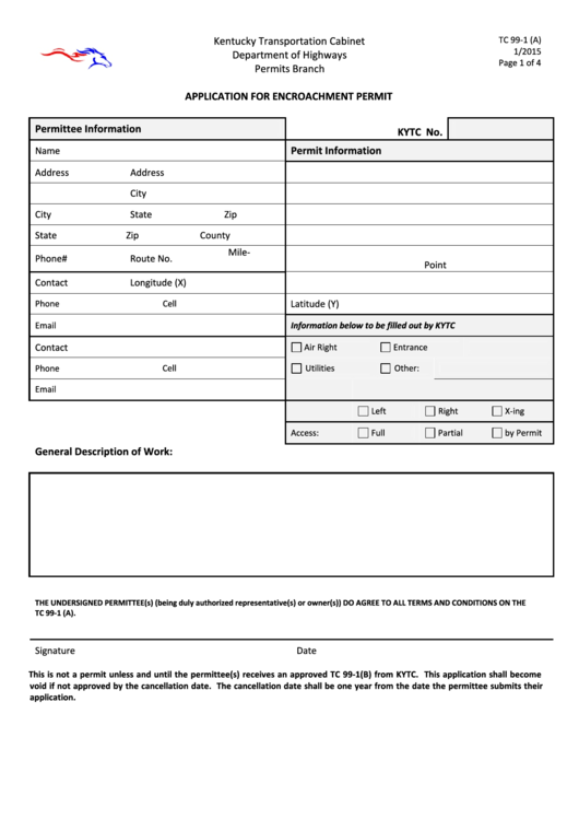 Application For Encroachment Permit - Kentucky Transportation Cabinet Printable pdf