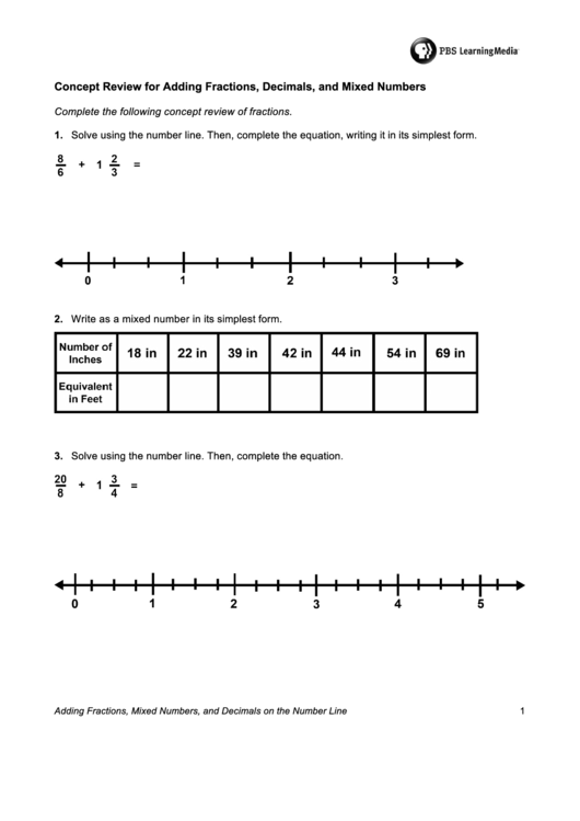 Concept Review For Adding Fractions, Decimals And Mixed Numbers Worksheet Template Printable pdf
