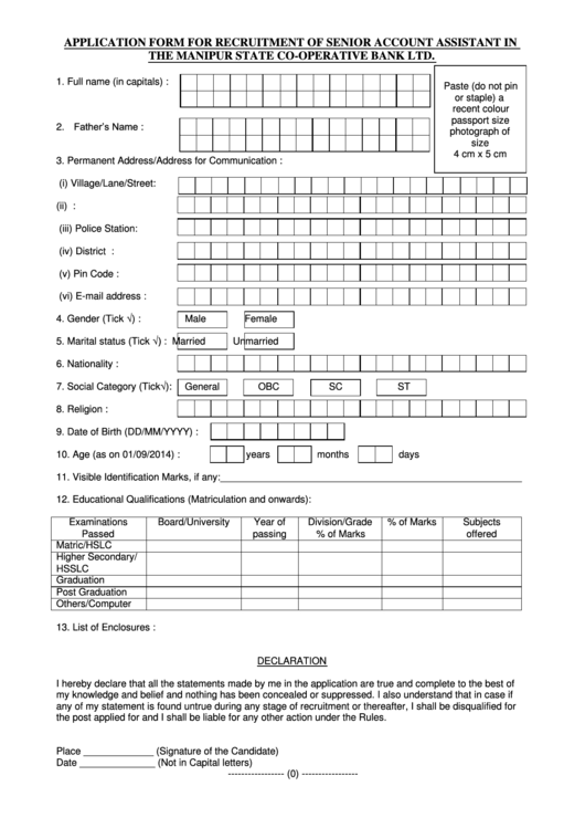 Application Form For Recruitment Of Senior Account Assistant Printable pdf
