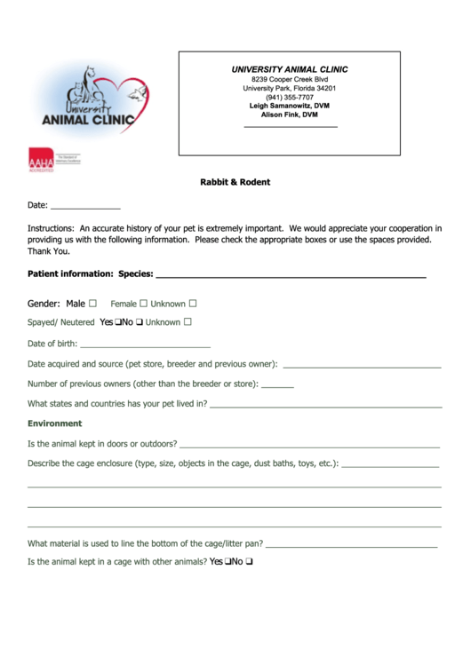 Rabbit And Rodent Information Sheet - University Animal Clinic Printable pdf