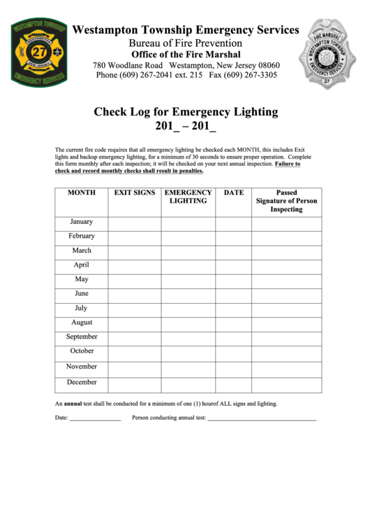 Check Log For Emergency Lighting Printable pdf