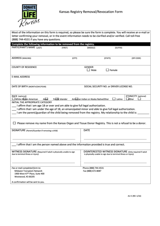 Kansas Registry Removal/revocation Form Printable pdf