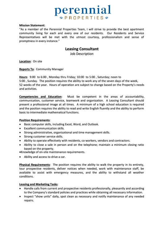 Leasing Consultant Job Description printable pdf download