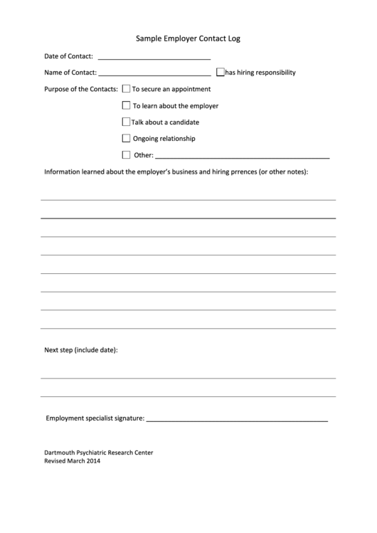 Sample Employer Contact Log Printable pdf